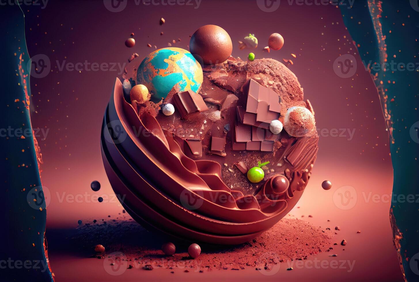 Chocolat dans Terre monde forme sur le sol Contexte. nourriture et sucré dessert concept. numérique art illustration. génératif ai photo