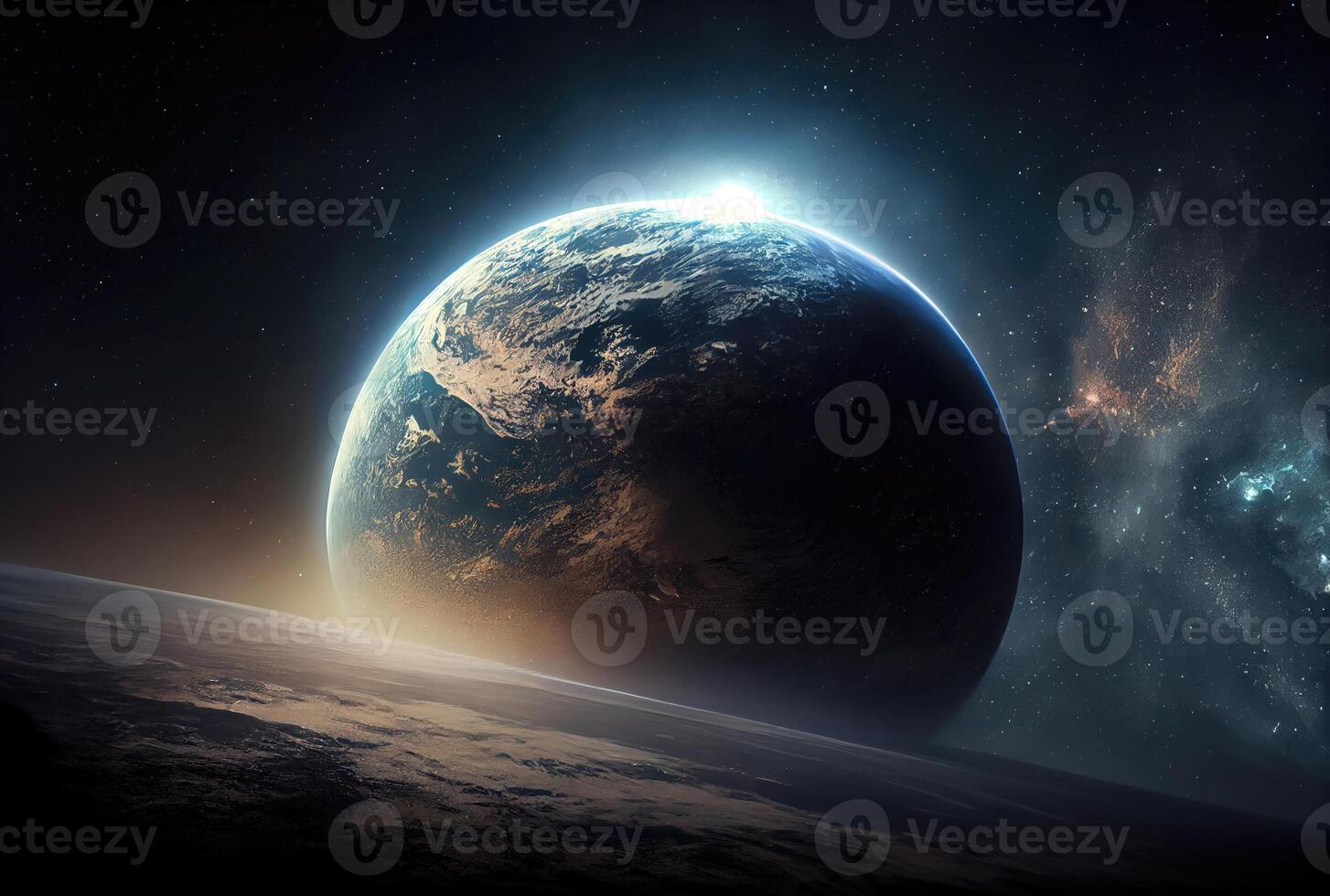 Terre dans espace vue avec brillant lever du soleil dans univers et galaxie Contexte. la nature et monde environnement concept. science et globe. fantaisie ciel atmosphère. génératif ai photo