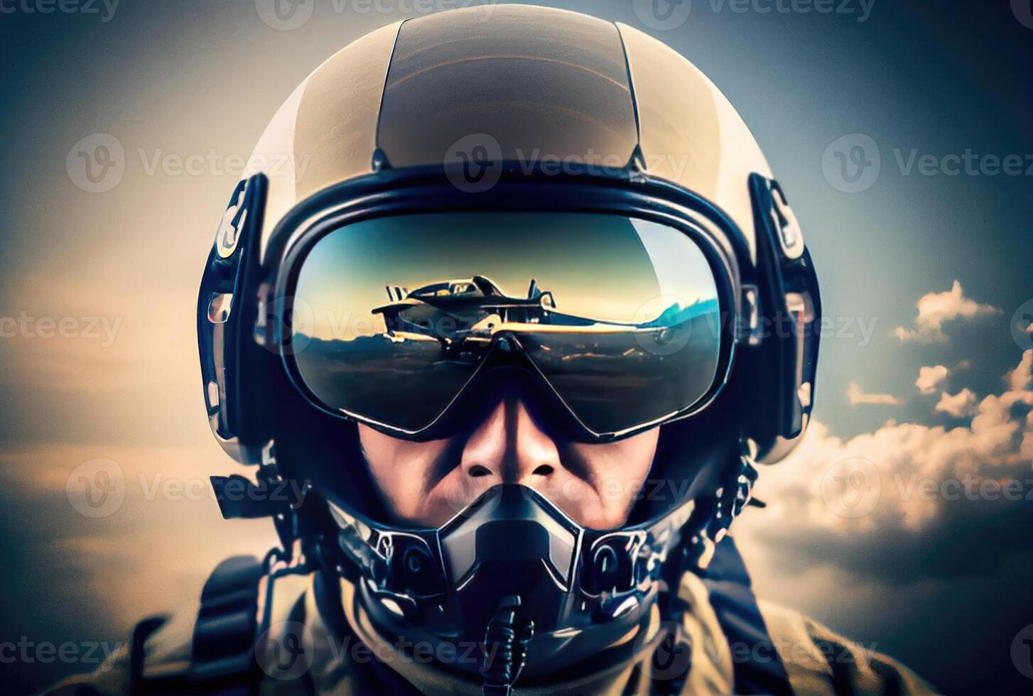 tête coup de combattant pilote en volant sur le haute ciel dans le espace aérien pour nationale la défense ou monde guerre. portrait de soldat. génératif ai photo