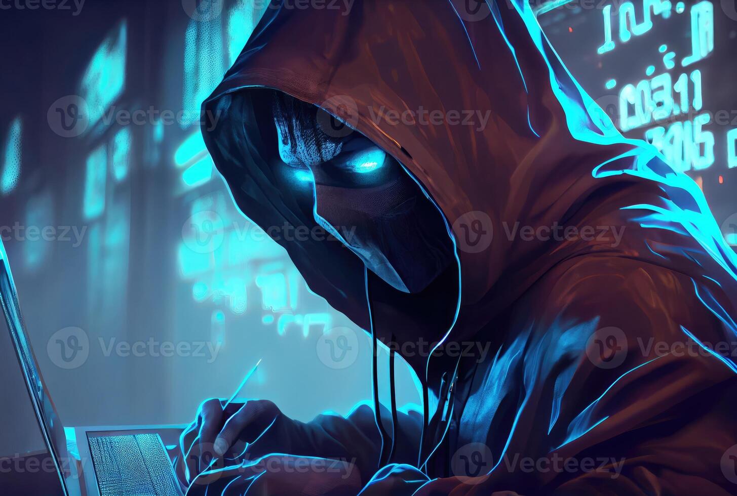 pirate dans le noir capuche dans le serveur chambre. méconnaissable personnes. La technologie et la cyber-sécurité et criminel concept. génératif ai photo