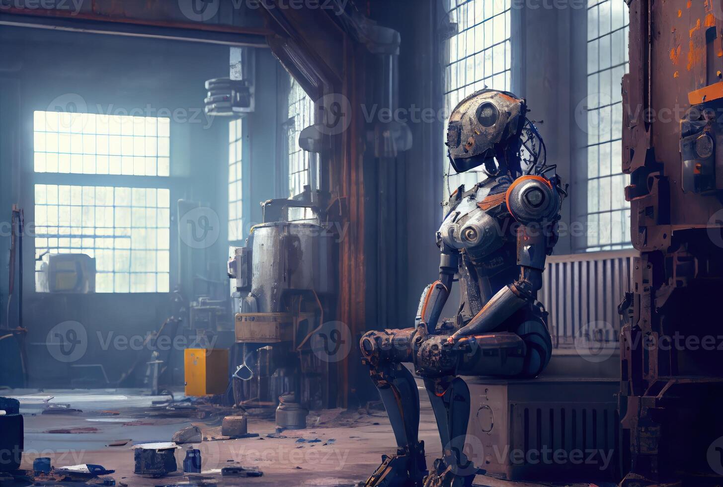 une humanoïde robot avec rouillé est assis contemplant dans vieux abandonné usine. La technologie et artificiel intelligence concept. génératif ai photo