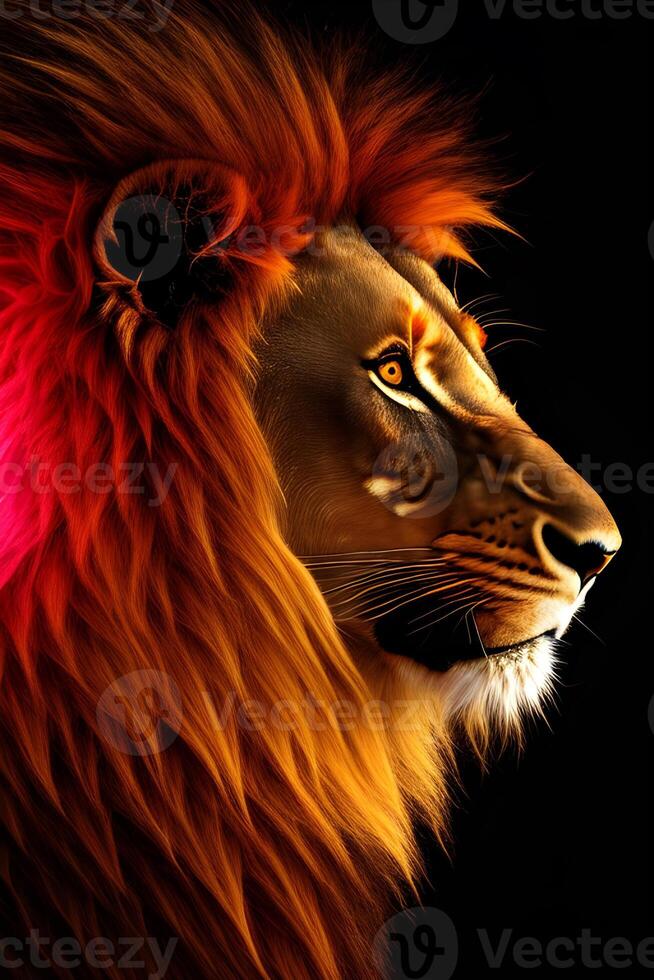 néon lumière portrait de une Lion avec une foncé Contexte. génératif ai photo