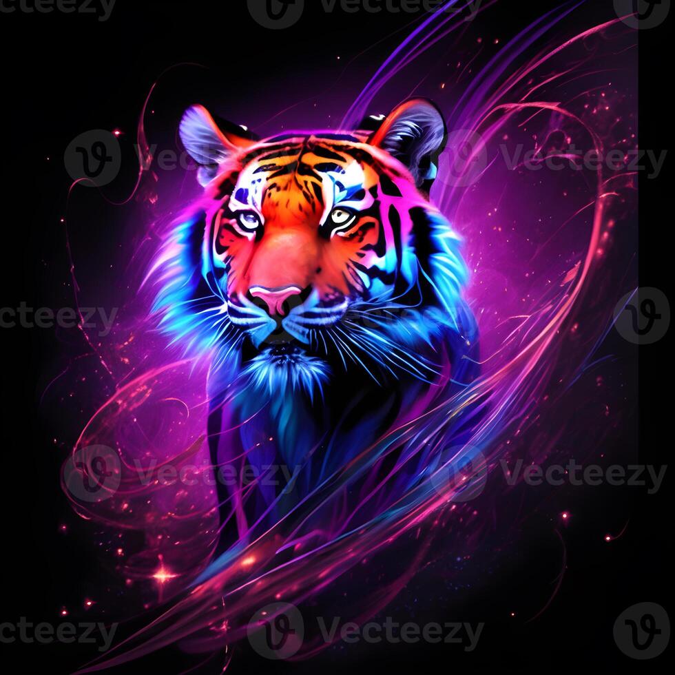 lumière néon style art portrait de une tigre. génératif ai photo