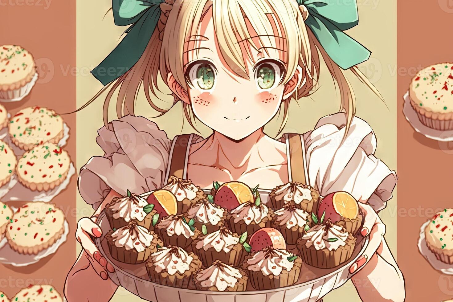 jolie école fille en portant une plateau de Pâques petits gâteaux, avec mini Chocolat des œufs comme garnitures Pâques illustration manga style génératif ai photo