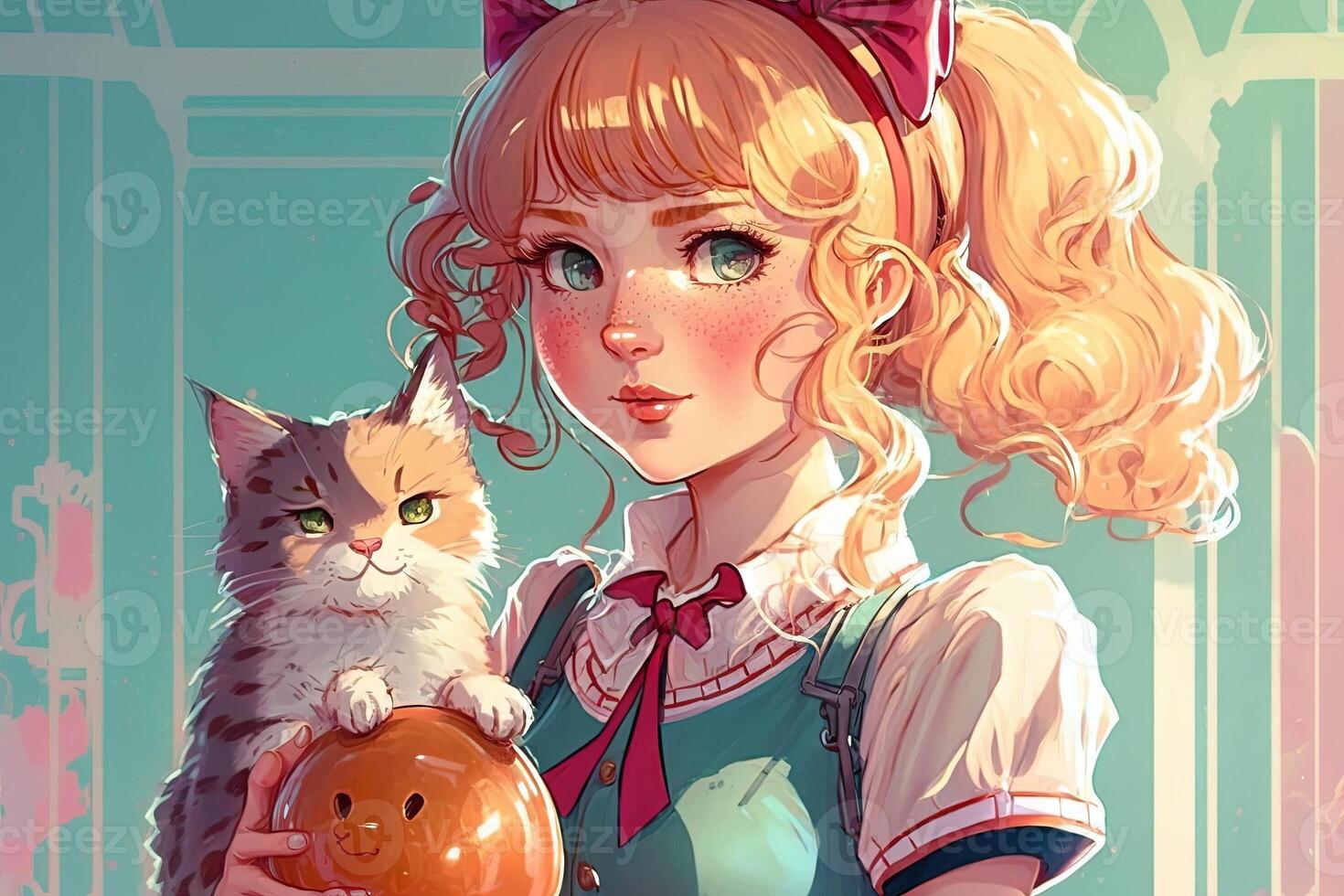 jolie anime école fille avec une chat à la recherche à vous illustration génératif ai photo