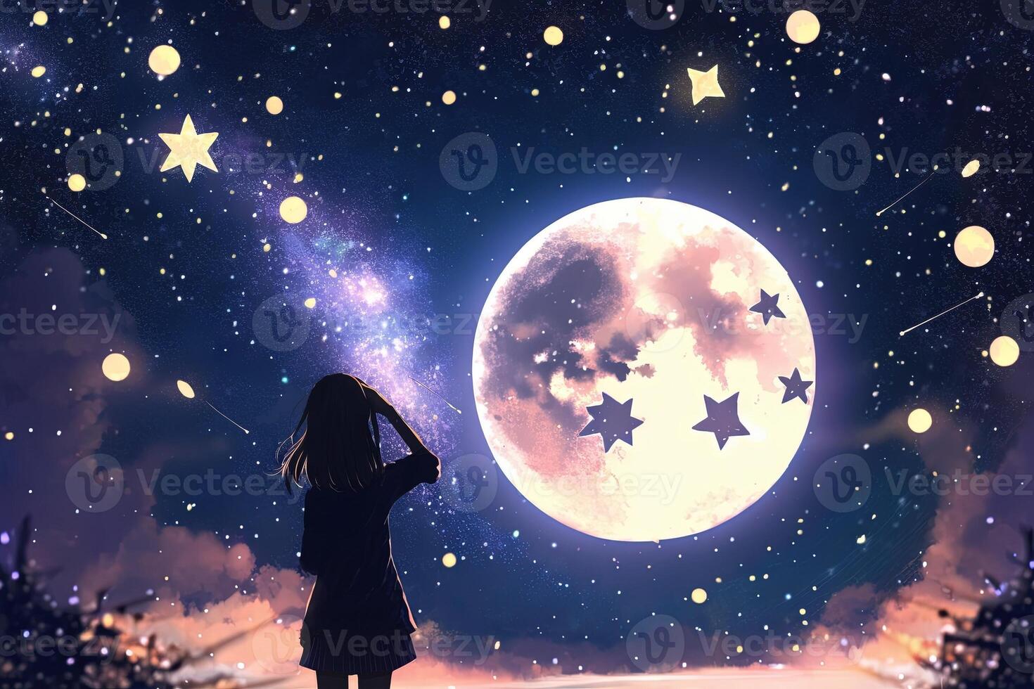 anime fille à la recherche à le lune sur étoilé nuit illustration génératif ai photo