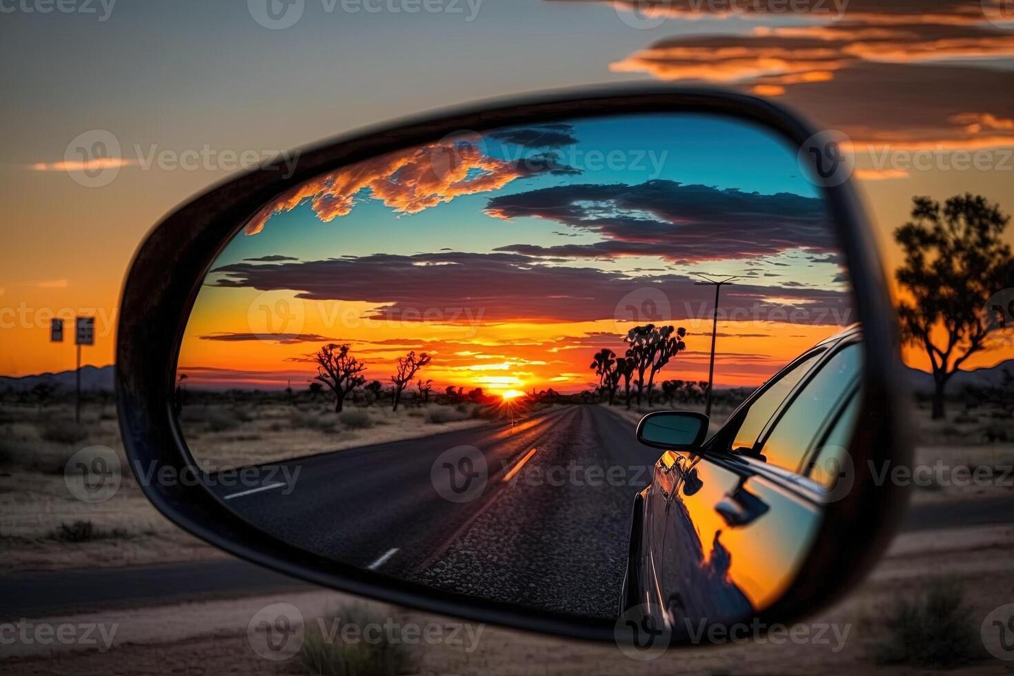 le coucher du soleil sur une voiture miroir illustration génératif ai photo