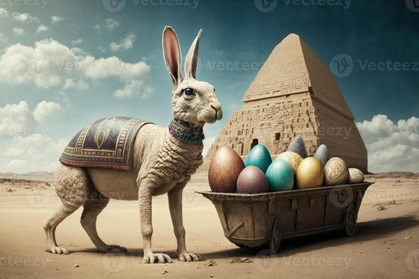 temps - en voyageant Pâques lapin livrer des œufs à ancien civilisations Pâques illustration génératif ai photo