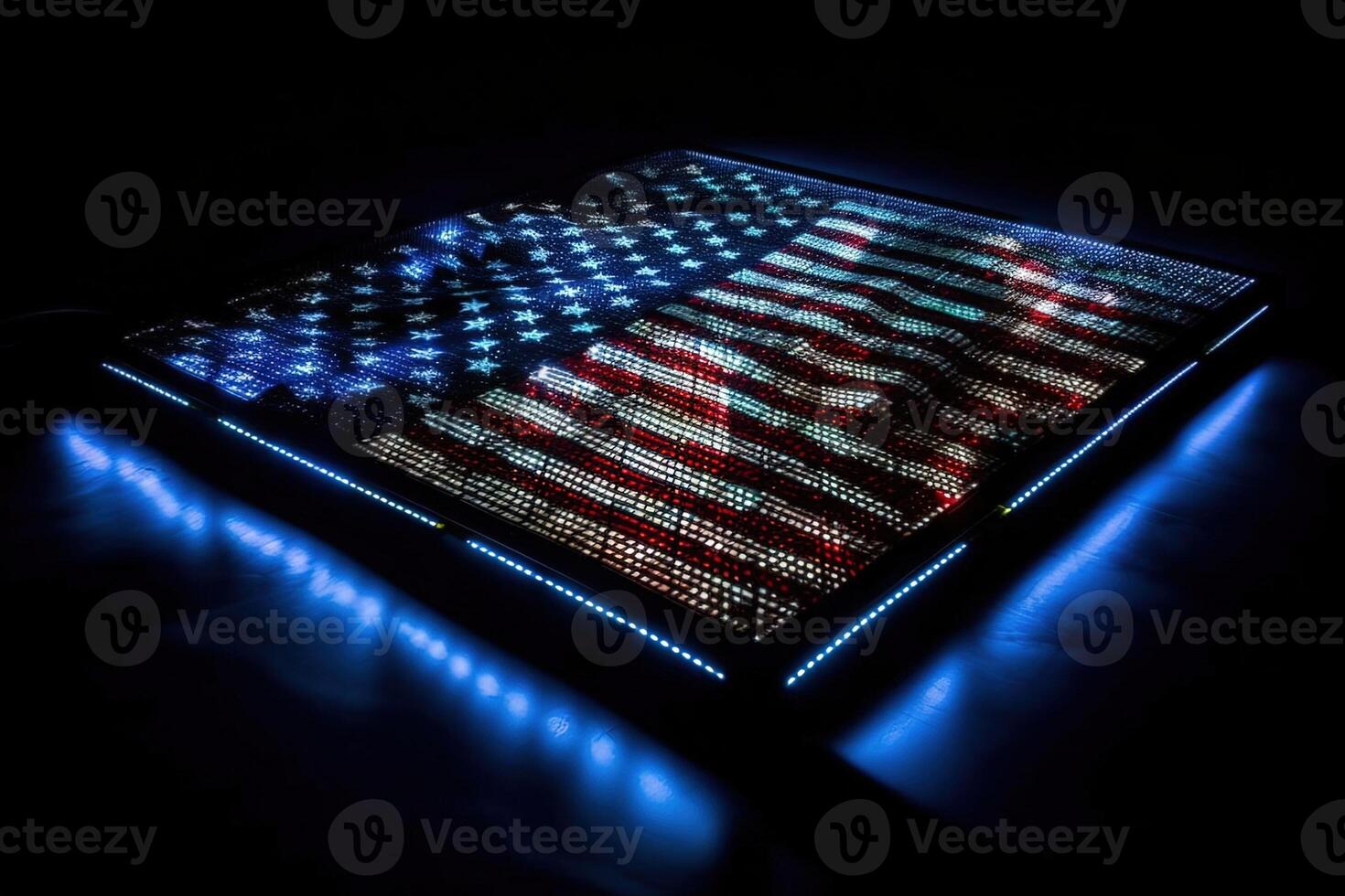 Etats-Unis drapeau fabriqué en dehors de LED lumières illustration génératif ai photo