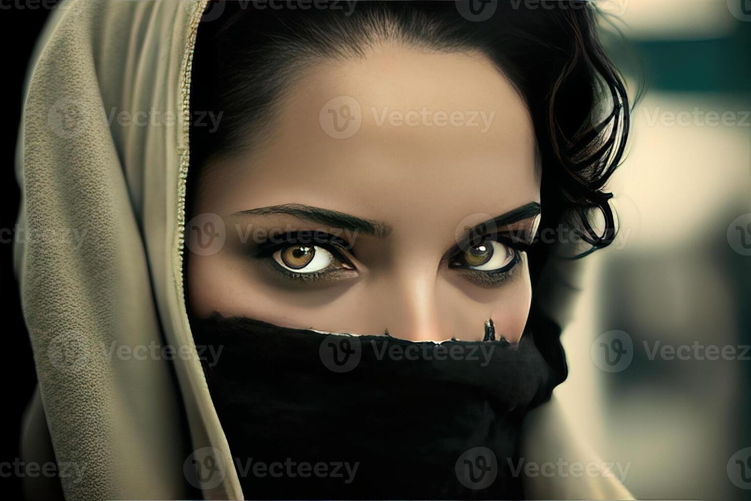 J'ai couru musulman fille yeux détail dans burqa manifestation concept illustration génératif ai photo