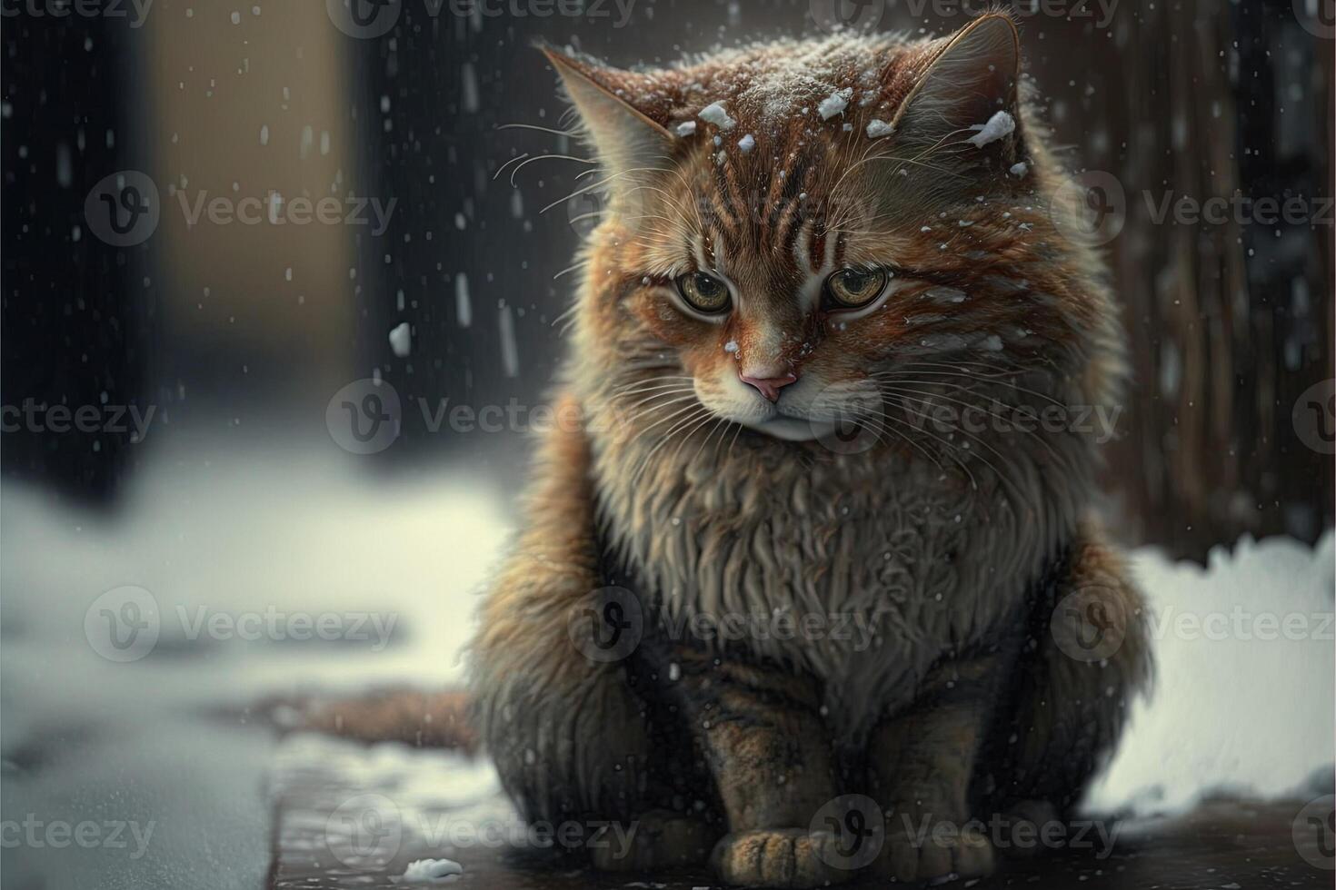 chat, triste solitaire abandonné, en dessous de le neige illustration génératif ai photo