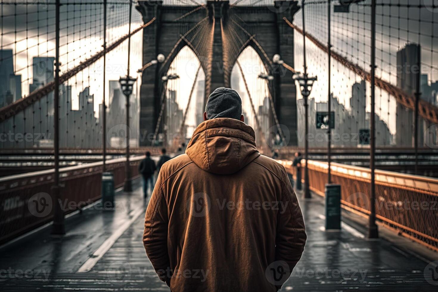 vue de le retour de une homme seul sur Brooklyn pont Nouveau york ville, Etats-Unis. illustration génératif ai photo