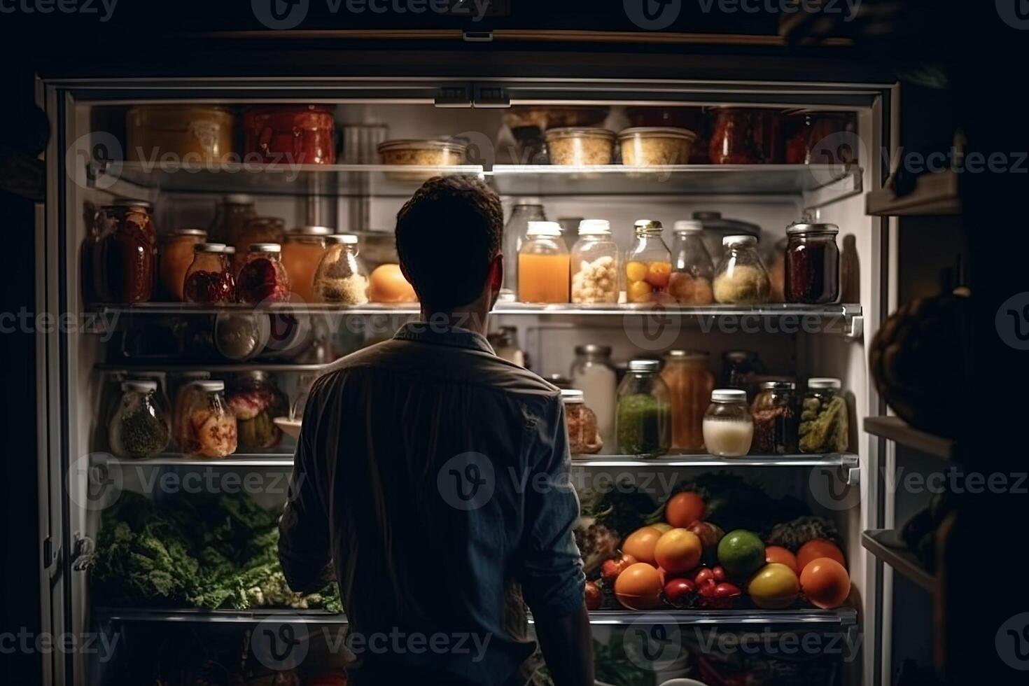 homme dans de face de ouvert réfrigérateur plein de en bonne santé nourriture illustration génératif ai photo