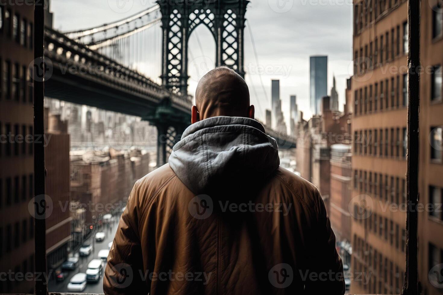 vue de le retour de une homme seul sur Manhattan pont Nouveau york ville, Etats-Unis illustration génératif ai photo