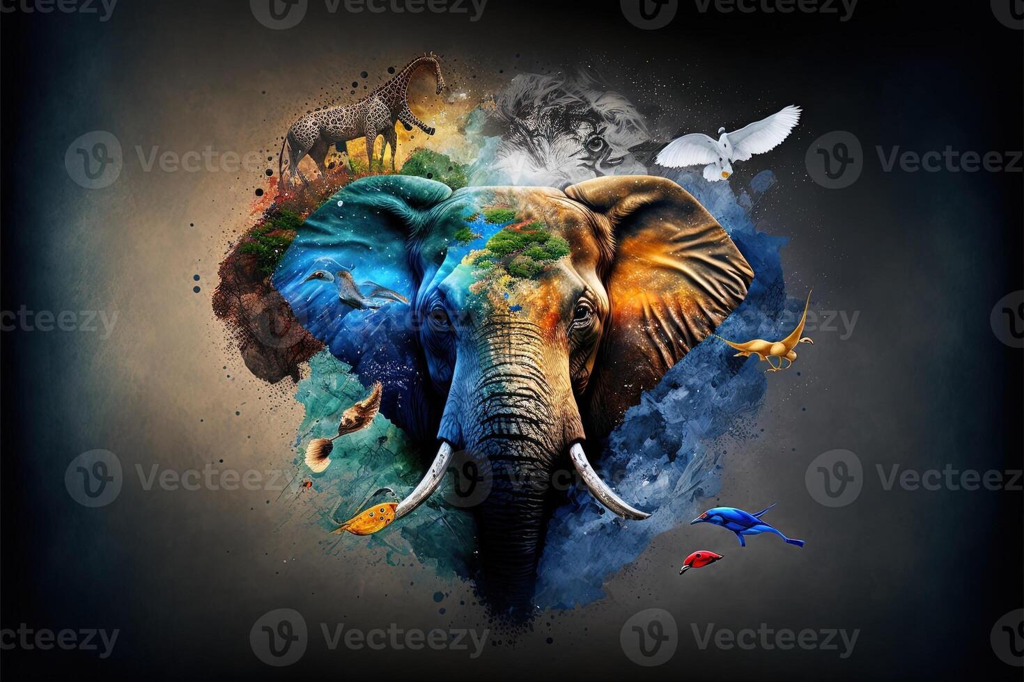 monde faune journée avec le animaux dans abstrait représentation illustration génératif ai photo