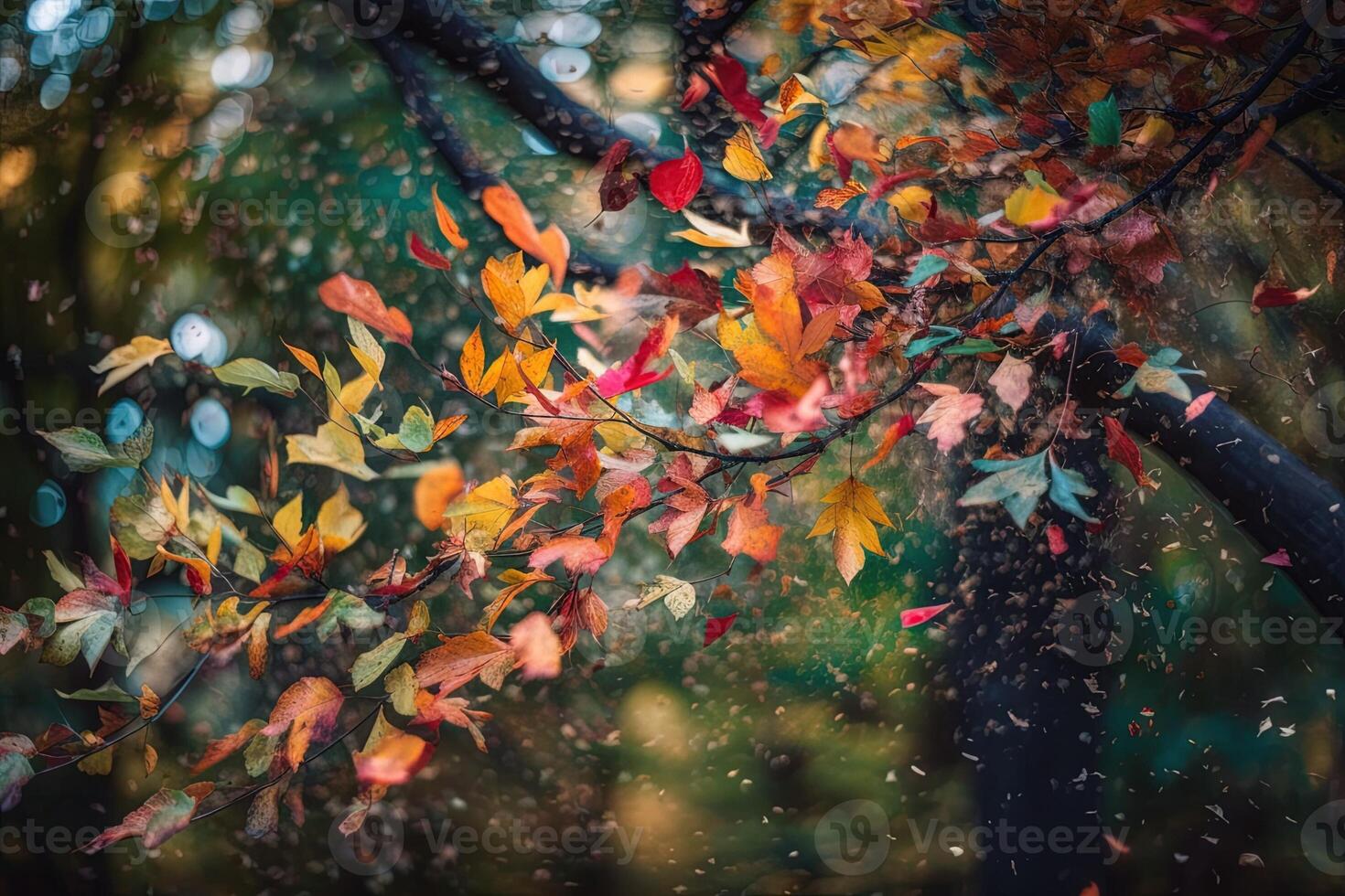 éclater de coloré feuilles exploser de une arbre branche illustration génératif ai photo