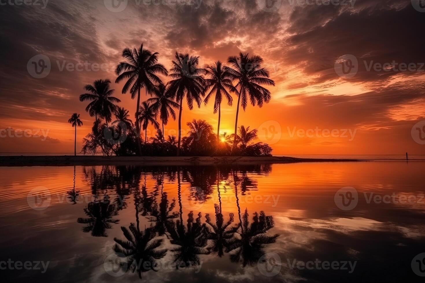 noix de coco paume spectaculaire tropical plage le coucher du soleil avec mer réflexion illustration génératif ai photo