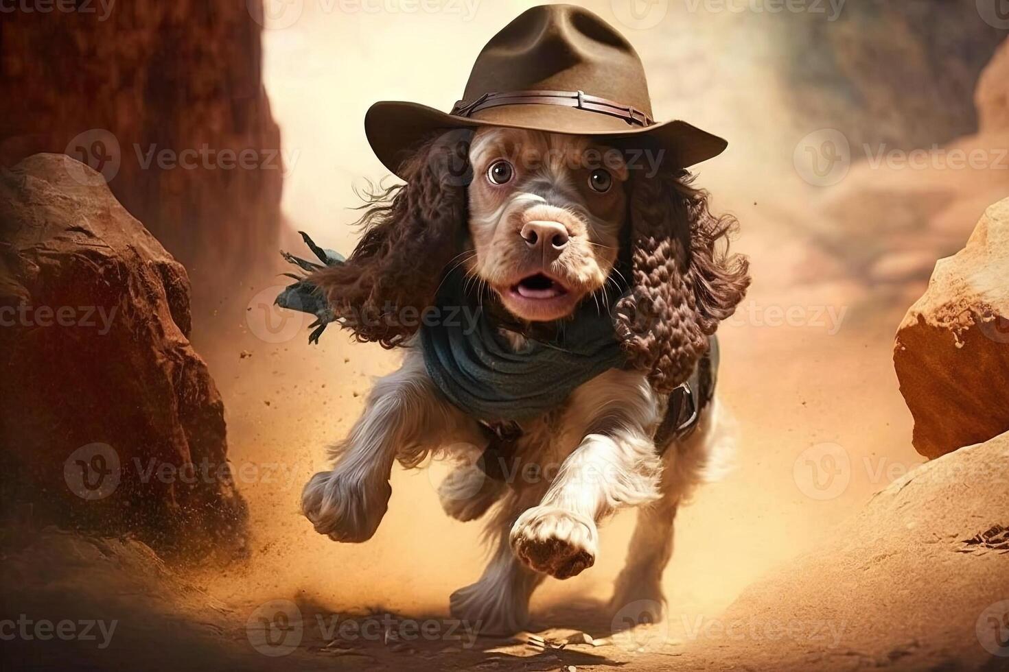 cocker épagneul chien archéologue avec chapeau et fouet s'échapper de danger illustration génératif ai photo