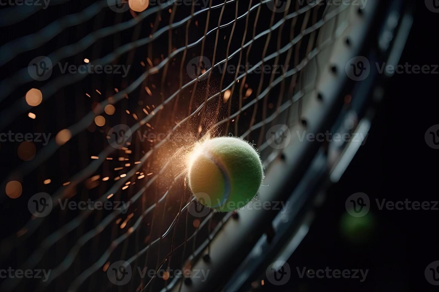 tennis raquette frappe le Balle dans énergie détail explosif illustration génératif ai photo