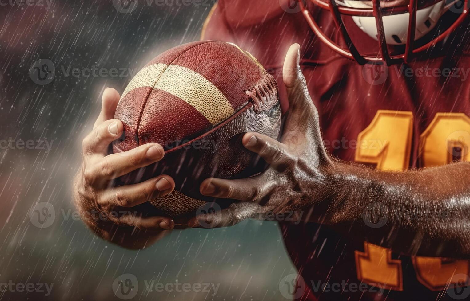 en dessous de le pluie détail de américain Football sur joueur mains sportif dans action. contagieux le Balle illustration génératif ai photo