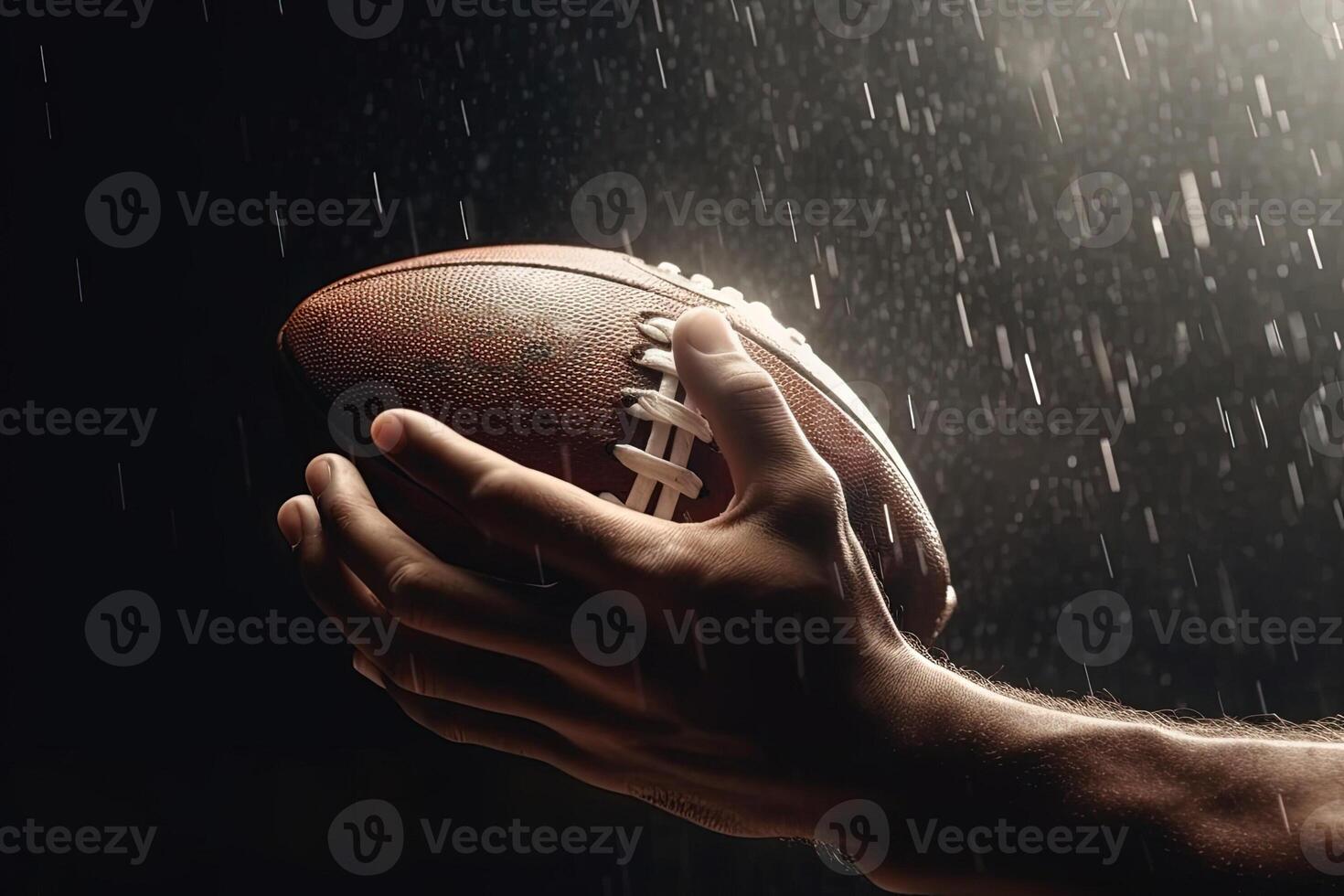 en dessous de le pluie détail de américain Football sur joueur mains sportif dans action. contagieux le Balle illustration génératif ai photo