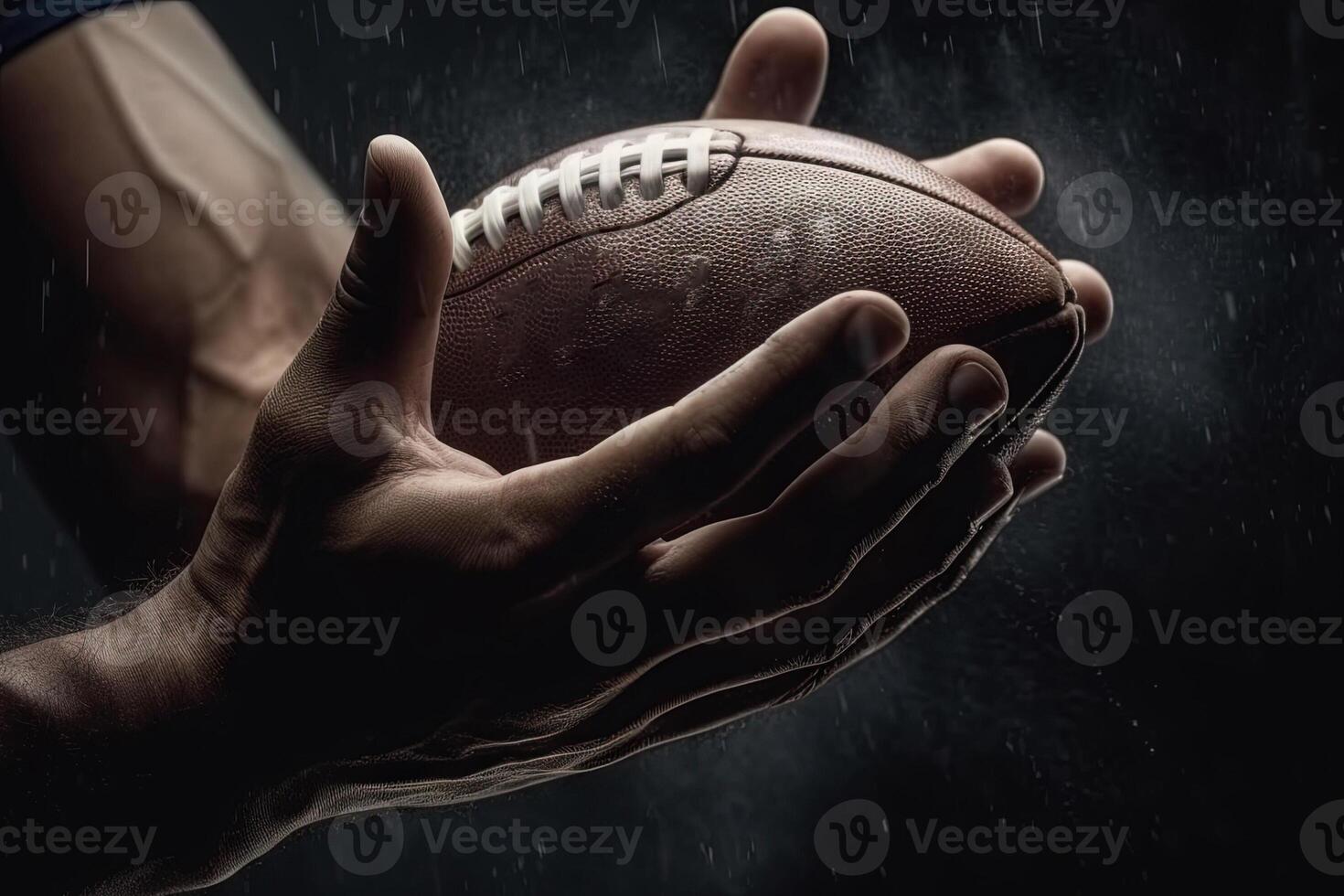 énergie détail de américain Football sur joueur mains sportif dans action. contagieux le Balle illustration génératif ai photo