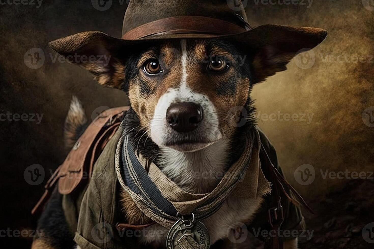 chien archéologue avec chapeau illustration génératif ai photo