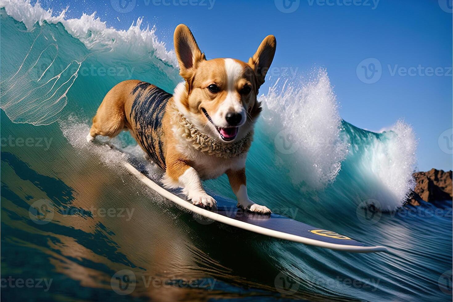 chien surfant dans Hawaii illustration génératif ai photo