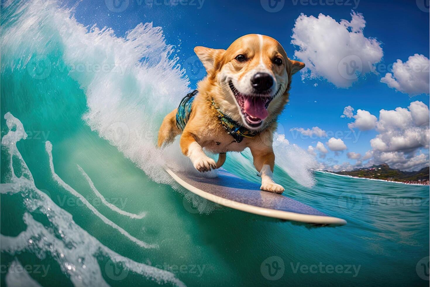 chien surfant dans Hawaii illustration génératif ai photo