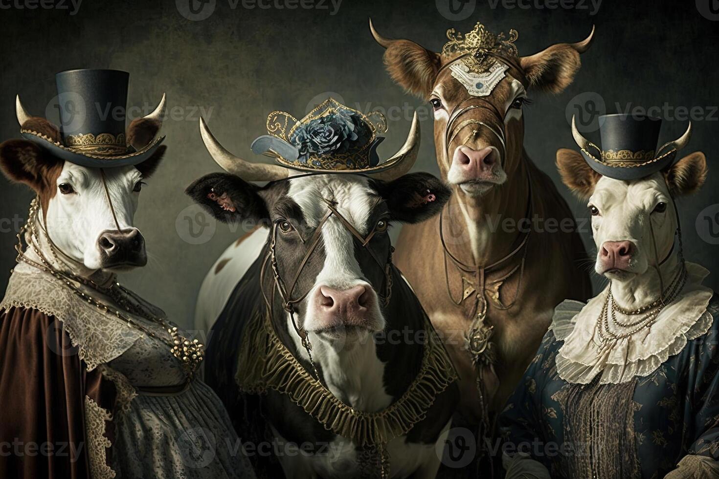 vaches et taureaux animaux habillé dans victorien ère Vêtements illustration génératif ai photo