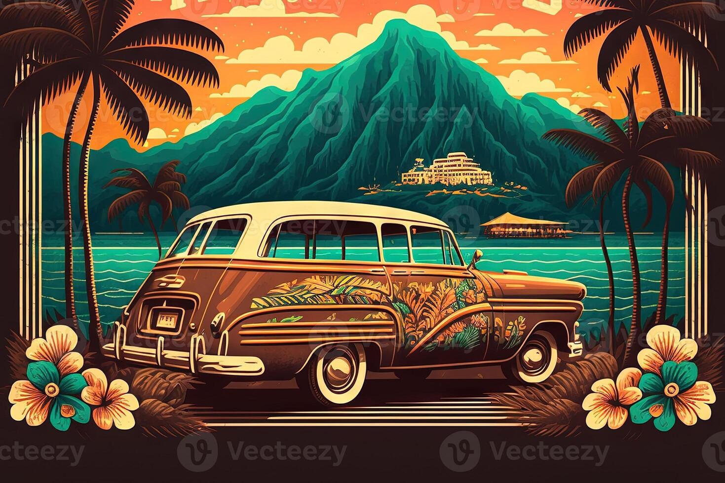 Hawaii rétro style art affiche vacances surfant et le surf illustration génératif ai photo