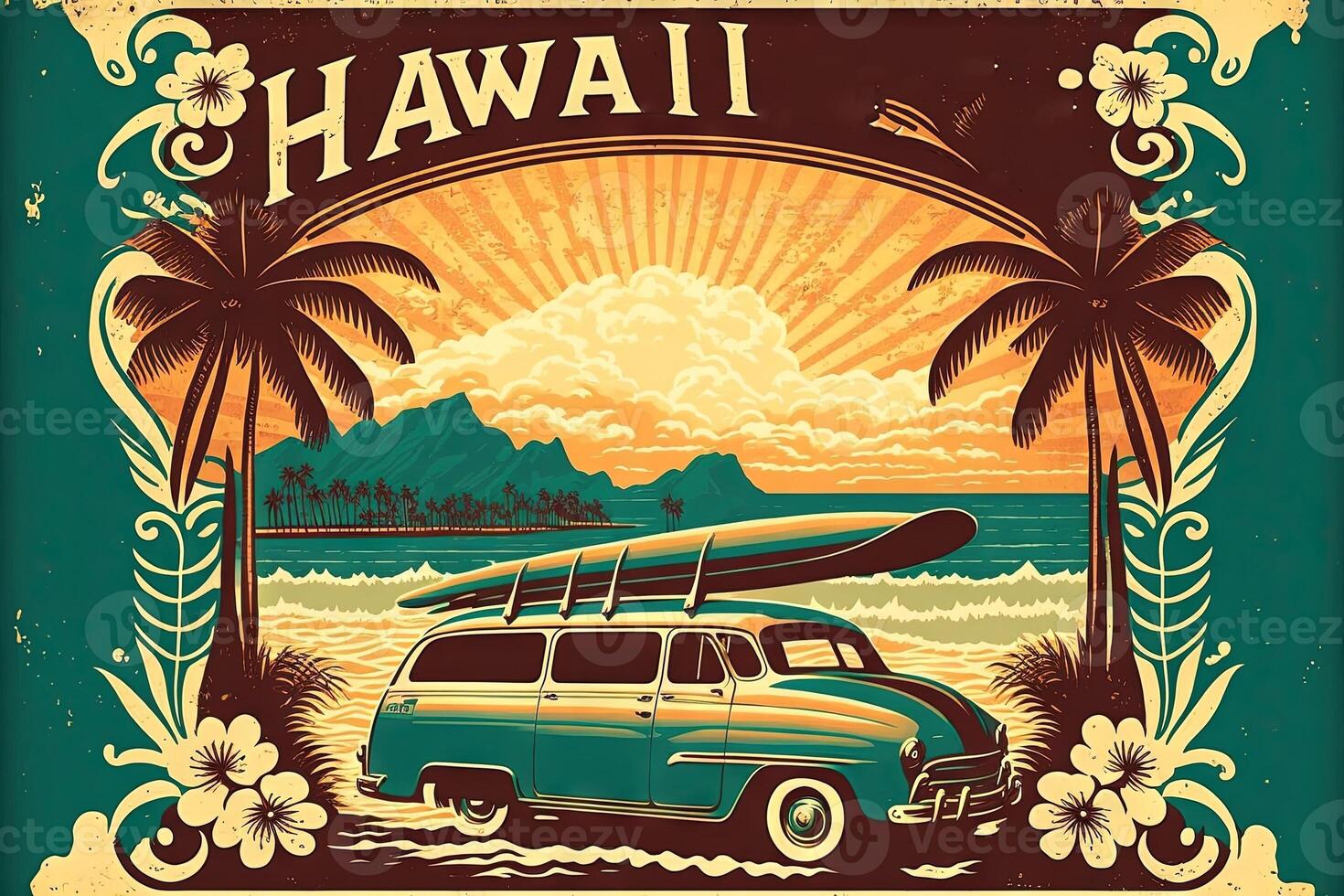 Hawaii rétro style art affiche vacances surfant et le surf illustration génératif ai photo