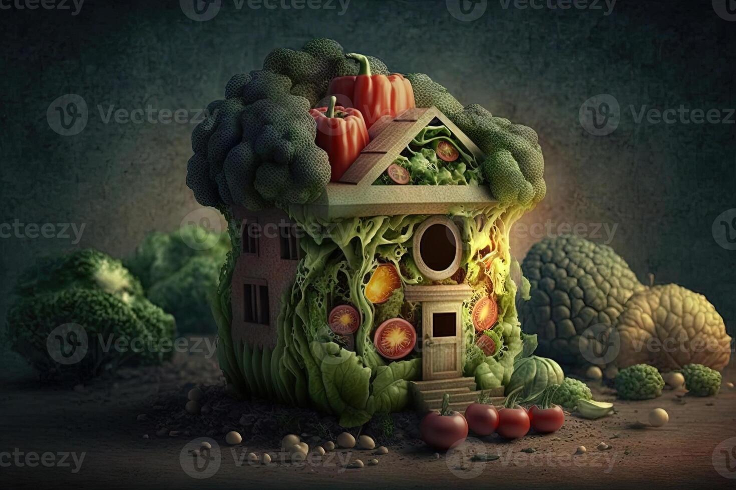 maison fabriqué de des légumes Créatif régime nourriture en bonne santé en mangeant concept photo de Humain fabriqué de Frais des fruits et des légumes illustration génératif ai