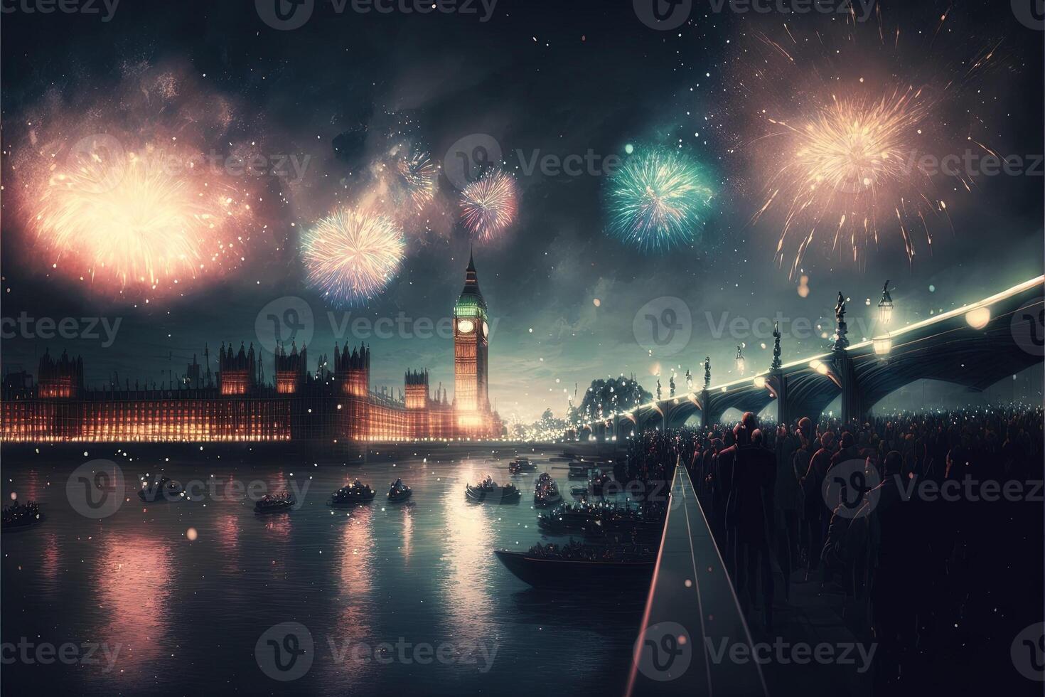 célébrer Nouveau année veille dans Londres feux d'artifice dans le ciel illustration génératif ai photo