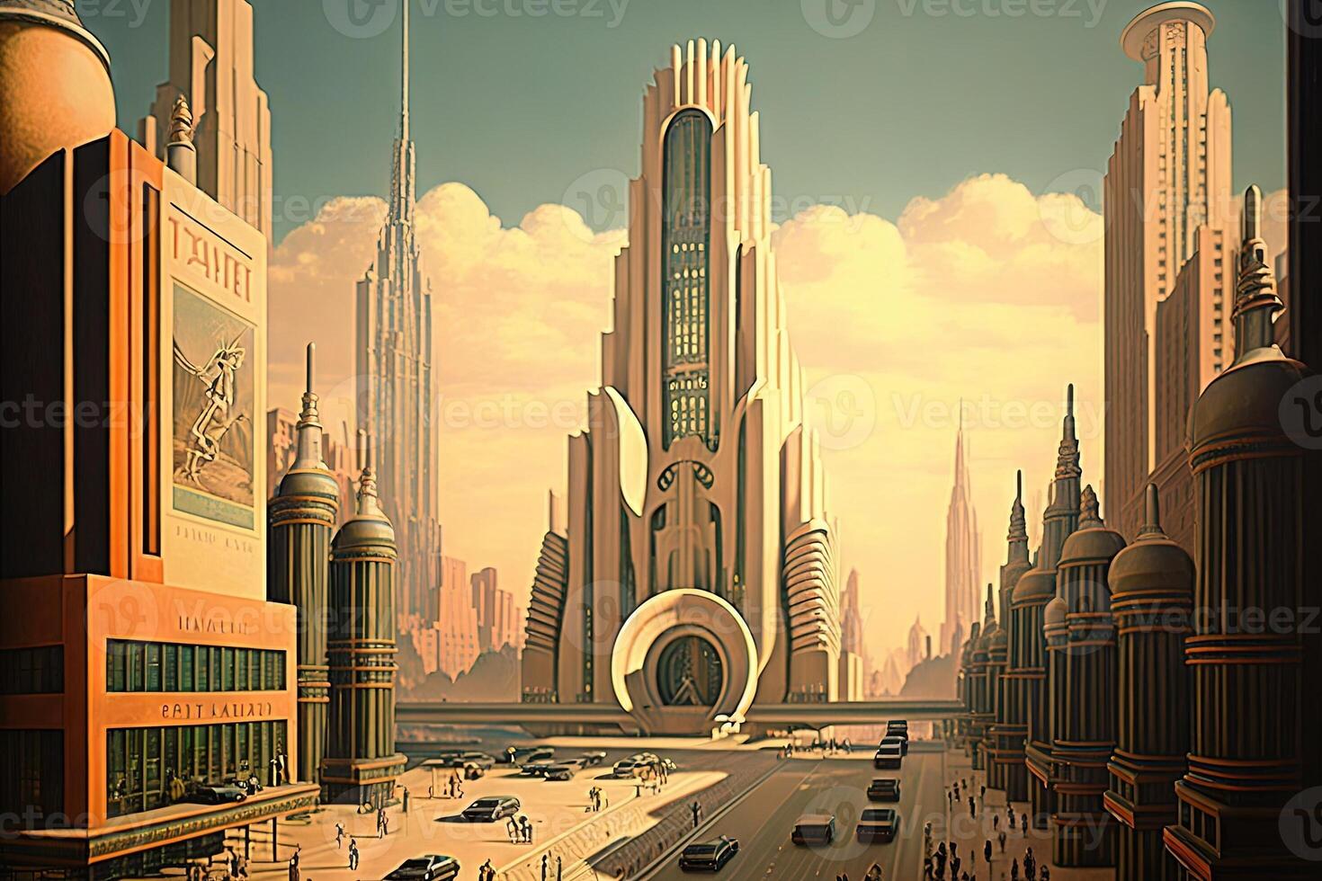 Nouveau york ville de le futur année 2100 avec en volant voitures et Nouveau gratte-ciel illustration génératif ai photo