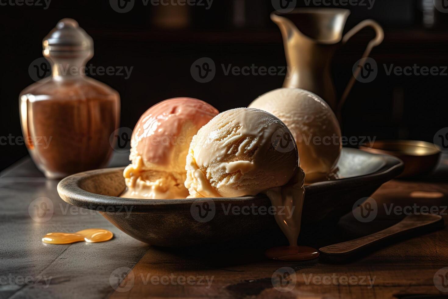 Trois boules de la glace crème avec sirop illustration génératif ai photo