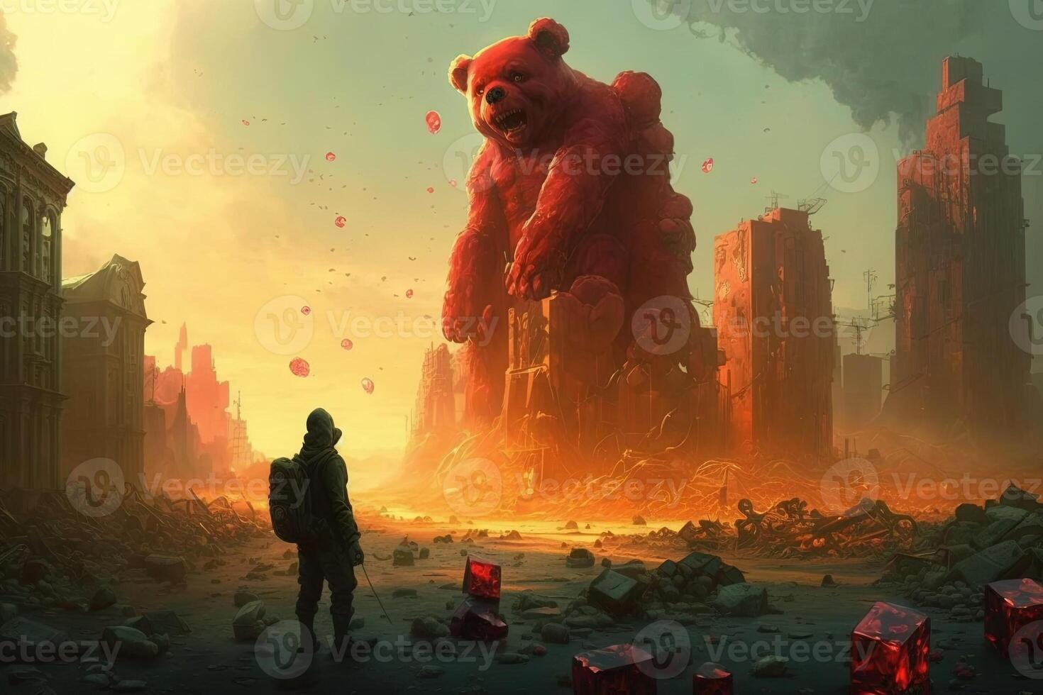 post-apocalyptique monde où le vestiges de société sont étant envahi par géant, Animé gommeux ours illustration génératif ai photo