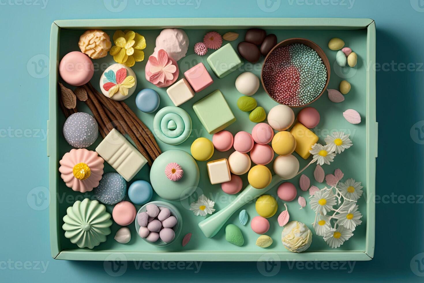 une plateau de bonbons des sucreries pastel couleurs de printemps illustration génératif ai photo