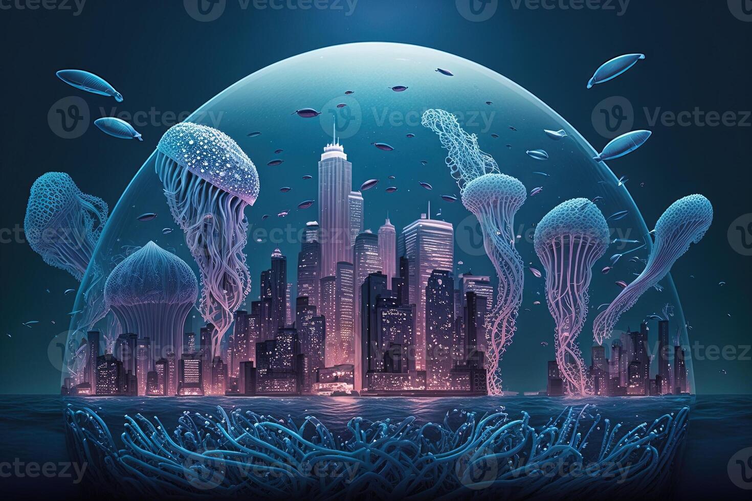 tentaculaire métropole sur le océan sol, avec imposant grattes ciels fabriqué entièrement en dehors de méduse illustration génératif ai photo