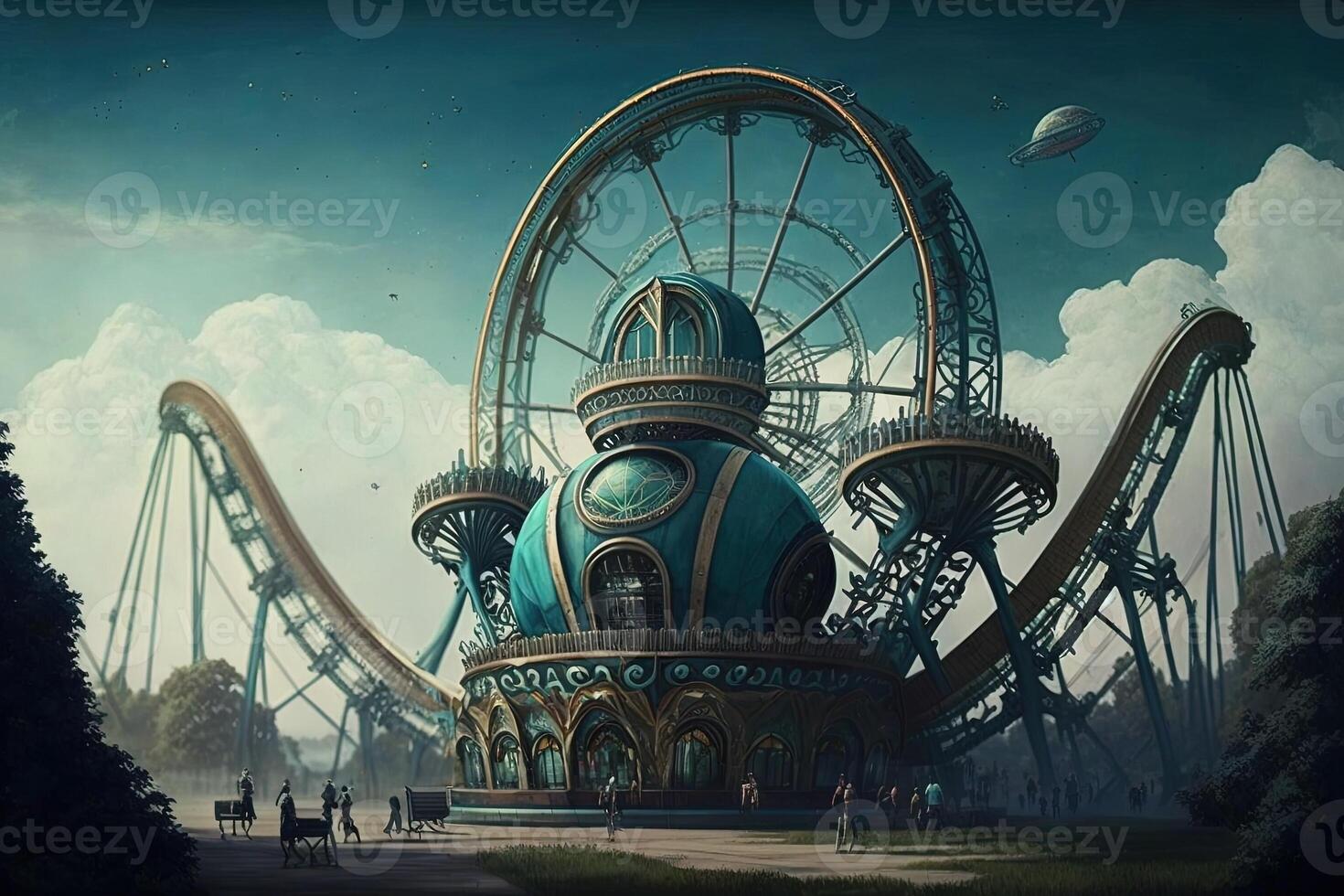 amusement parc cette défie le lois de la physique, avec monte cette torsion et tour dans impossible façons, et attractions cette brouiller le ligne entre réalité et rêves illustration génératif ai photo