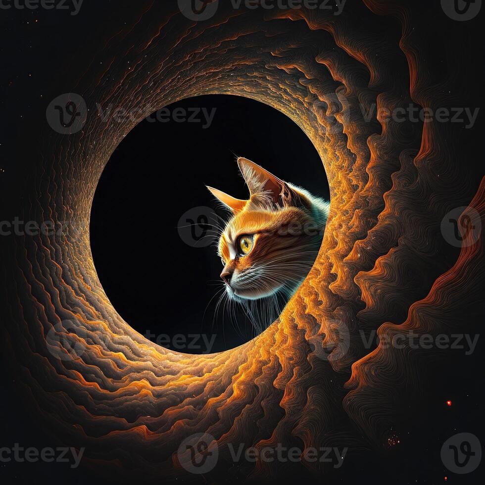 chat regarder dans une noir trou dans espace illustration génératif ai photo