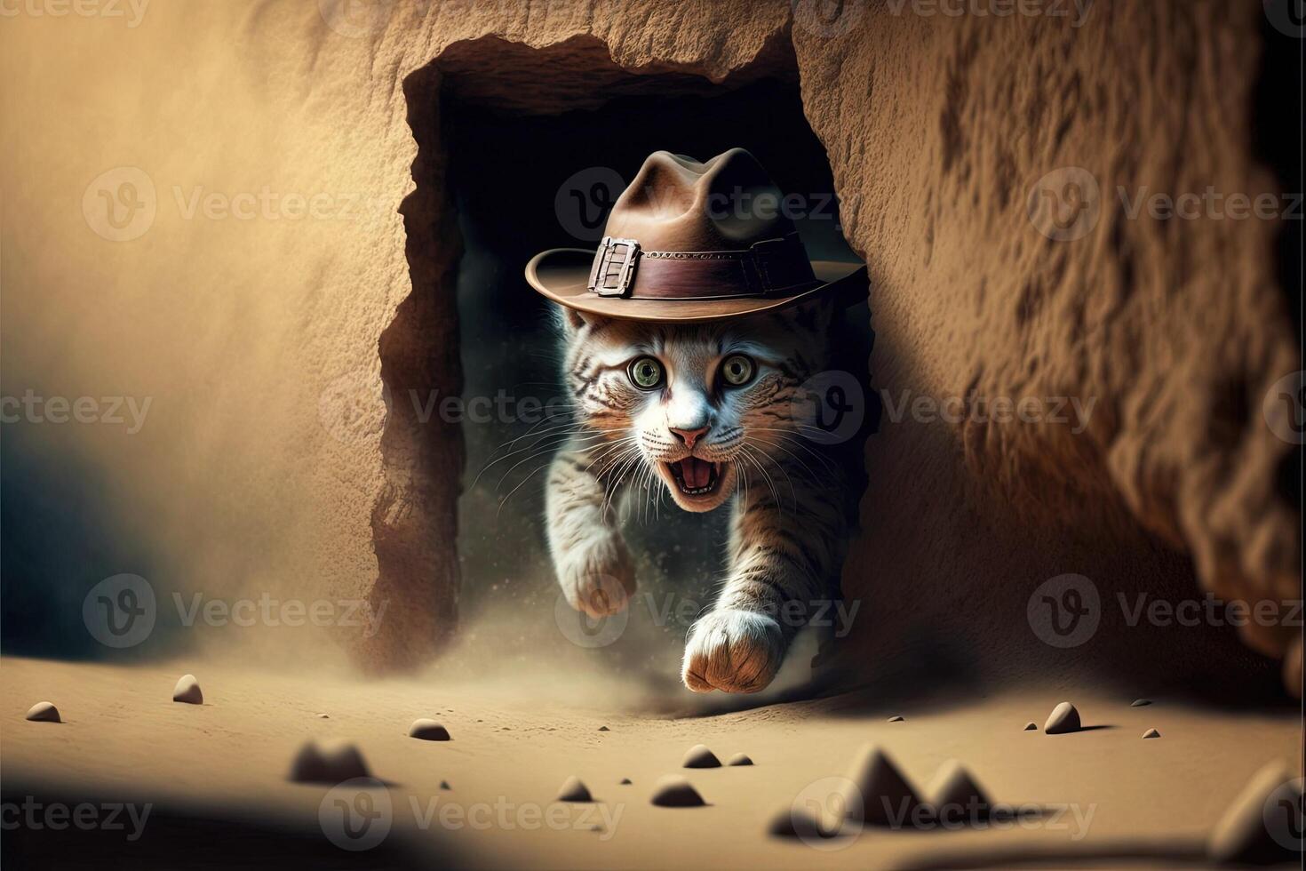 chat archéologue avec chapeau et fouet s'échapper de danger illustration génératif ai photo