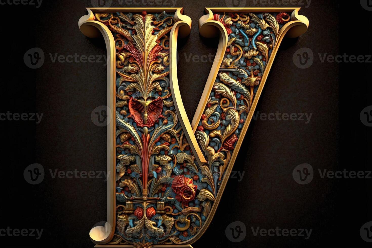 v 3d médiéval lettre médiéval style alphabet collection lettre illustration génératif ai photo