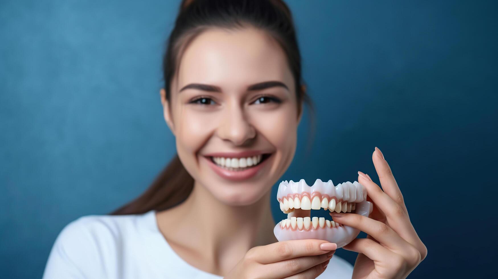 Jeune femme avec magnifique sourire et dentiste en portant éducatif modèle de dentaire implant sur bleu arrière-plan, fermer, ai génératif photo