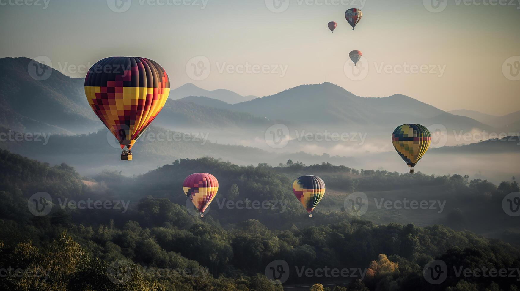 coloré chaud air des ballons en volant au dessus haute Montagne à lever du soleil avec magnifique ciel arrière-plan, ai génératif photo