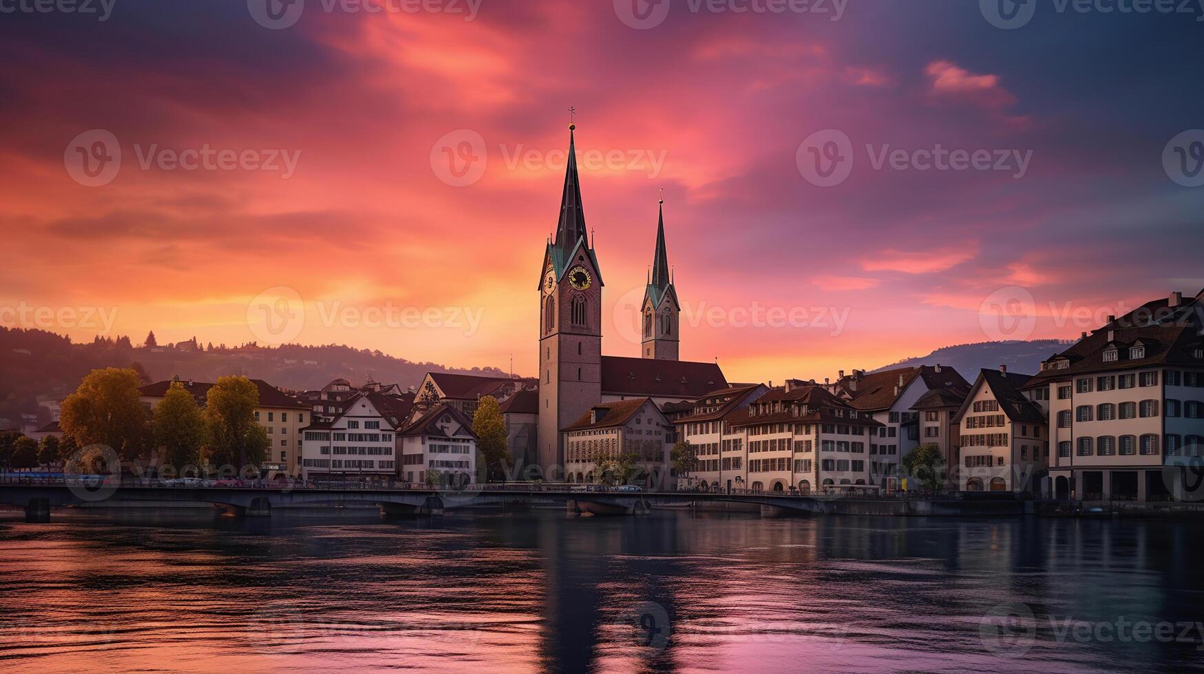 le église grossmunster. Suisse. paysage urbain image de Zurich avec coloré ciel, pendant spectaculaire coucher de soleil, ai génératif photo