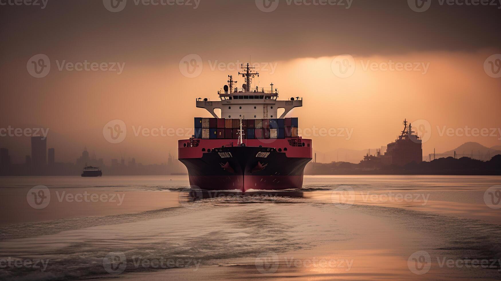 une remorqueurs bateau aider récipient navire à être accostage à industrail Port sur le coucher du soleil Baground, ai génératif photo
