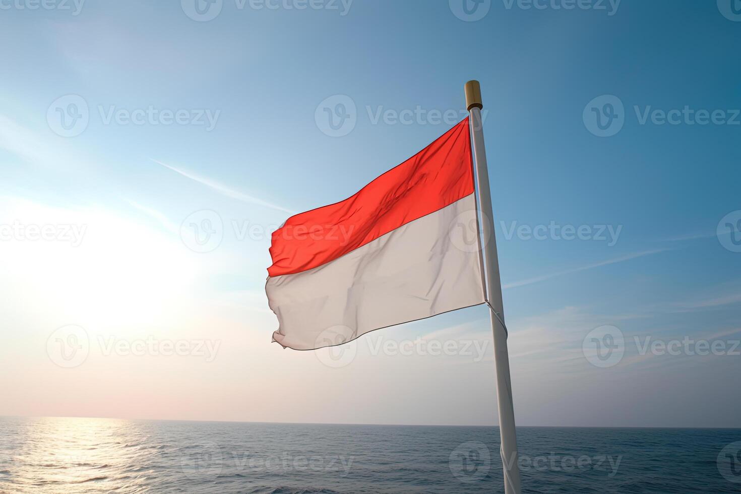 Indonésie nationale drapeau agitant dans le bleu ciel sur le océan Contexte. rouge et blanc drapeau avec des nuages. ai généré photo