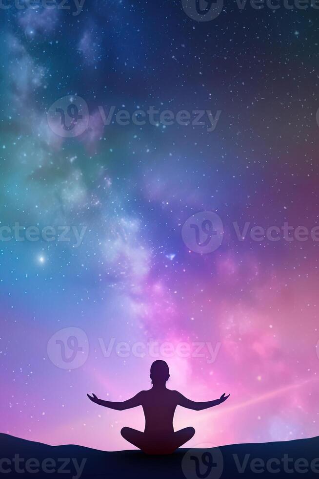 une femme méditer en dessous de une galaxie ciel. ai généré photo