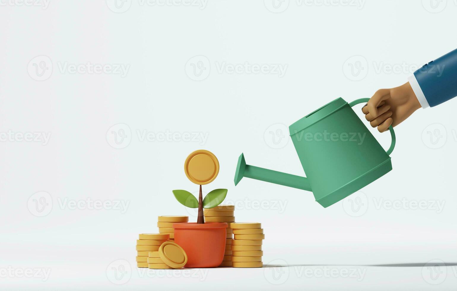 homme d'affaire main en portant arrosage pouvez à l'eau plante dans croissance pot avec pile de pièces de monnaie sur blanc Contexte. 3d rendu, 3d illustration photo